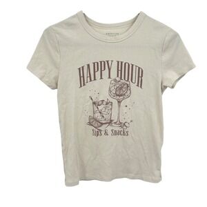 Y2K Graphic Baby Tee Medium Beige Ribbed‎ Happy Hour American Eagle Clean Girl